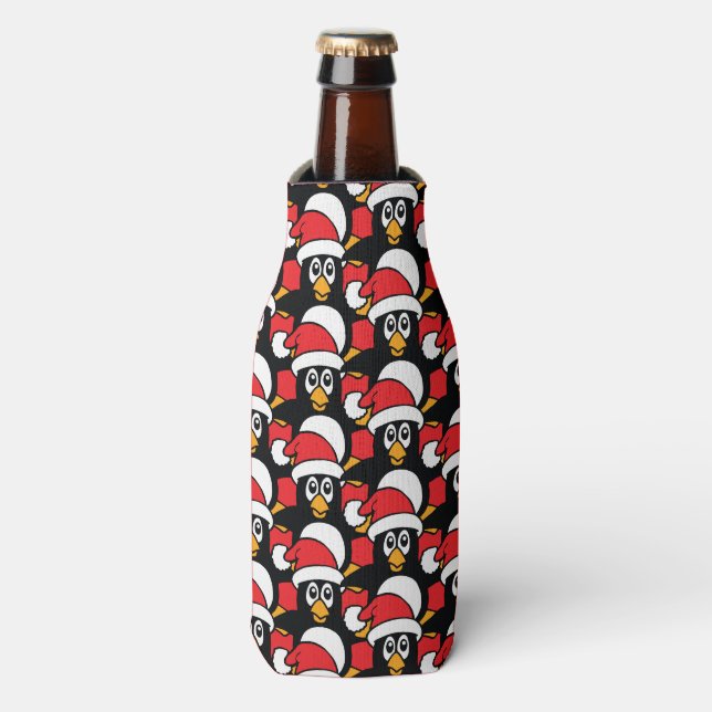 Cute Christmas Penguins Pattern red Bottle Cooler (Bottle Front)