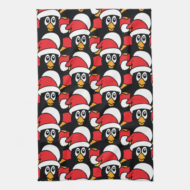 Cute Christmas Penguins Pattern Red Kitchen Towel (Vertical)