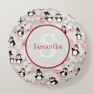 Cute Christmas Penguins Personalized Monogram Round Pillow