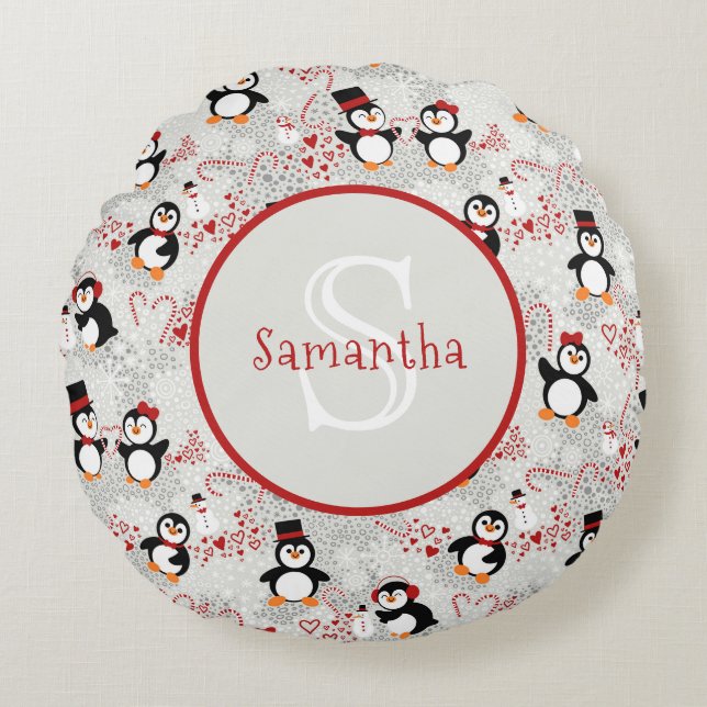Cute Christmas Penguins Personalized Monogram Round Pillow (Front)
