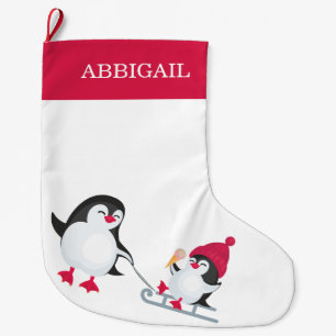 Cute Christmas Penguins Sledding Mother Baby Name Large Christmas Stocking