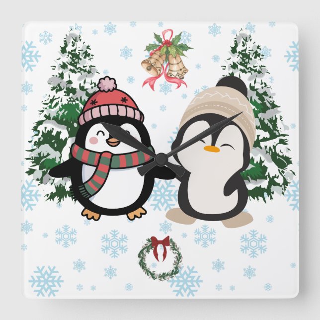 Cute Christmas Penguins Winter Square Wall Clock (Front)