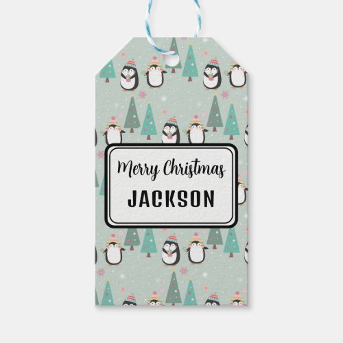 Cute Christmas Penguins with Name Gift Tags