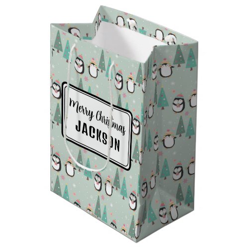 Cute Christmas Penguins with Name Medium Gift Bag