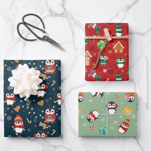 Cute Christmas Penguins Wrapping Paper Sheets (Front)
