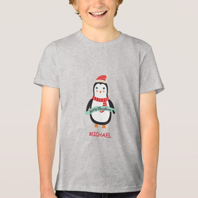 Cute Christmas Penquin "Merry Christmas" Personali Tri-Blend Shirt (Front)