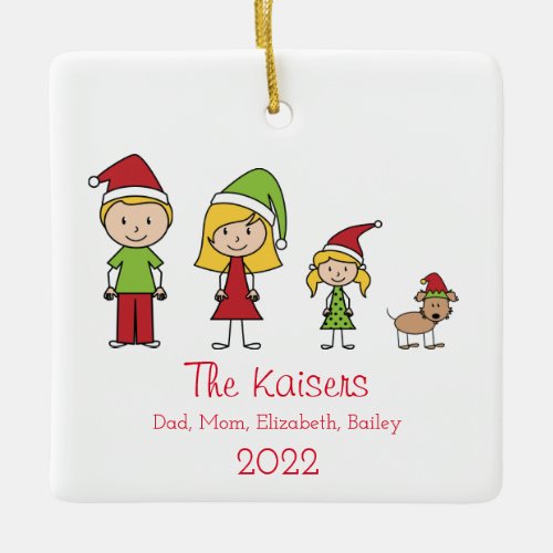 Cute Christmas Personalized Family of 3 With Dog Ceramic Ornament