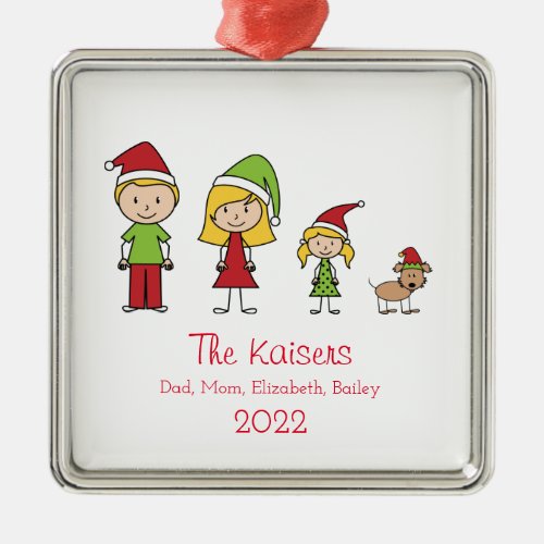Cute Christmas Personalized Family of 3 With Dog Metal Ornament