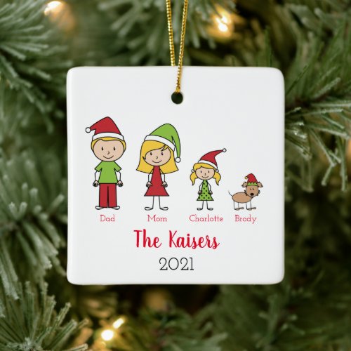 Cute Christmas Personalized Family With Dog Ceramic Ornament