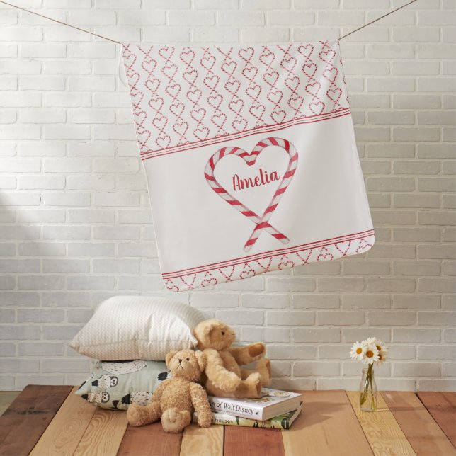 Cute Christmas Personalized Name Candy Cane Hearts Baby Blanket (In Situ)