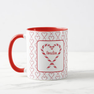 Cute Christmas Personalized Name Candy Cane Hearts Mug