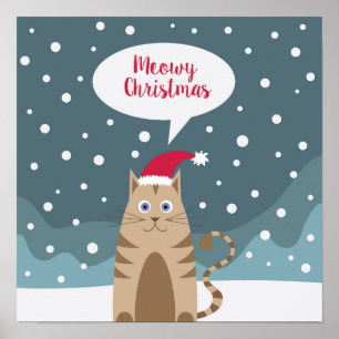 Cute christmas pet animal kitten santa claus snow poster