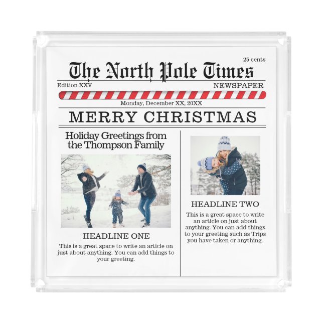 Cute Christmas Photo Collage Simple Newspaper Acrylic Tray (Front)