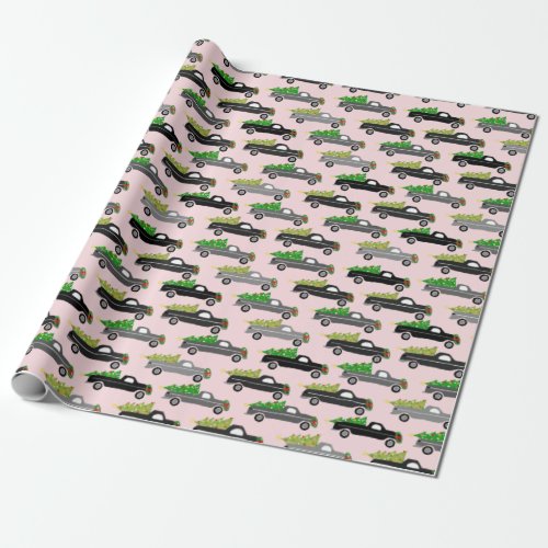 Cute Christmas Pickup Trucks Trees Retro Xmas Gift Wrapping Paper