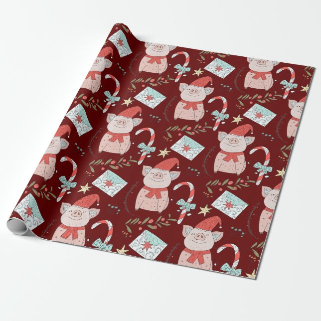 Cute Christmas Pig Pattern Wrapping Paper (Unrolled)