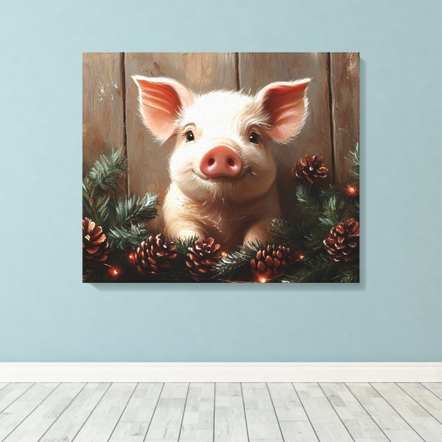 Cute Christmas Pig Rustic Painting Canvas Print (Insitu(Wood Floor))