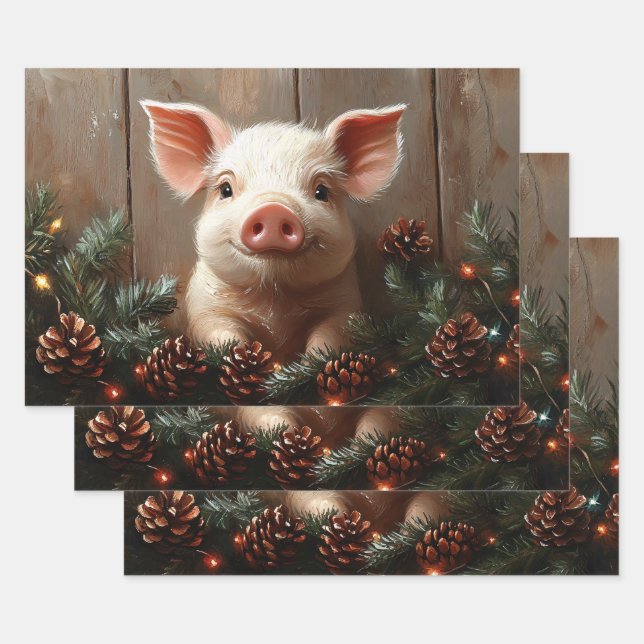 Cute Christmas Pig Rustic Painting Decoupage Wrapping Paper Sheets (Set)