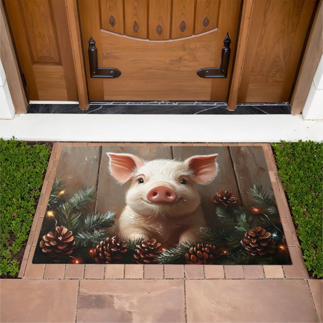 Cute Christmas Pig Rustic Painting Doormat (Outdoor)