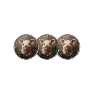 Cute Christmas Pig Rustic Painting Golf Ball Marker