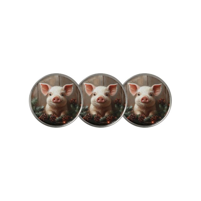 Cute Christmas Pig Rustic Painting Golf Ball Marker (3 Up)