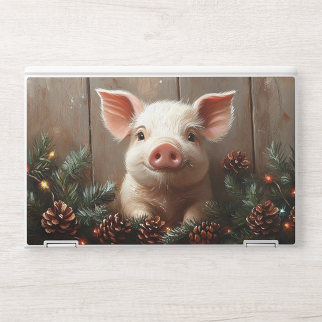 Cute Christmas Pig Rustic Painting HP Laptop Skin (Front)