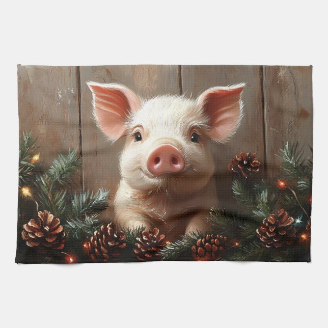 Cute Christmas Pig Rustic Painting Kitchen Towel (Horizontal)
