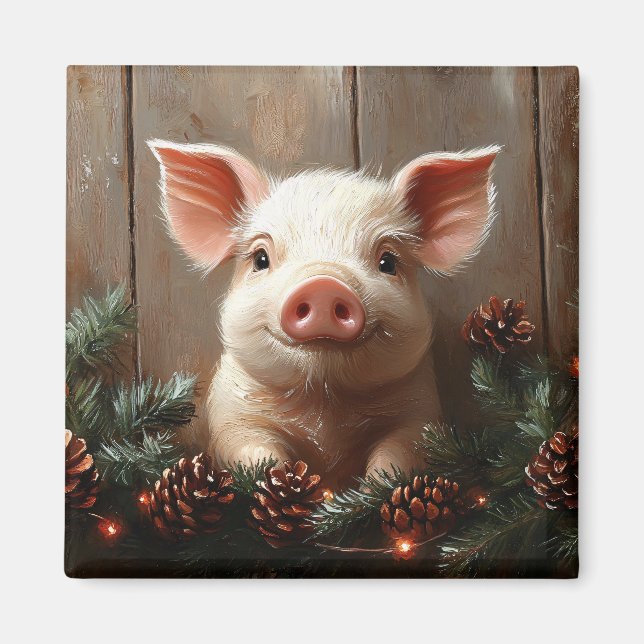 Cute Christmas Pig Rustic Painting Magnet (Front)