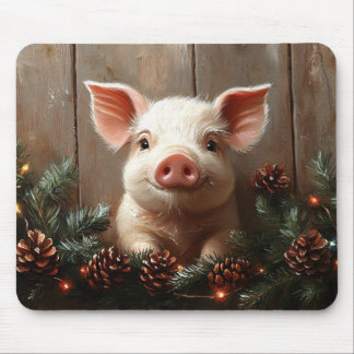 Cute Christmas Pig Rustic Painting Mouse Pad
