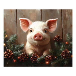 Cute Christmas Pig Rustic Painting Photo Print