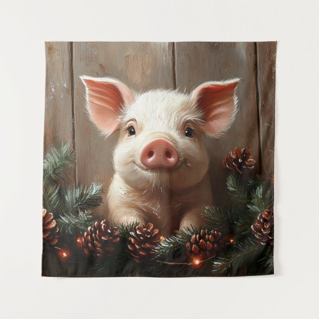 Cute Christmas Pig Rustic Painting Tapestry (Front)