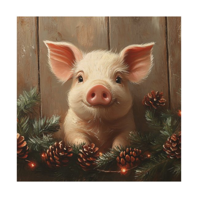 Cute Christmas Pig Rustic Painting Wood Wall Art (Front)
