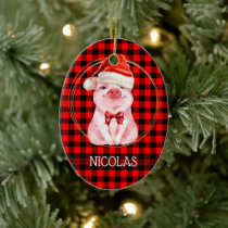 Cute Christmas Pig With Buffalo Plaid Red Funny Ceramic Ornament
