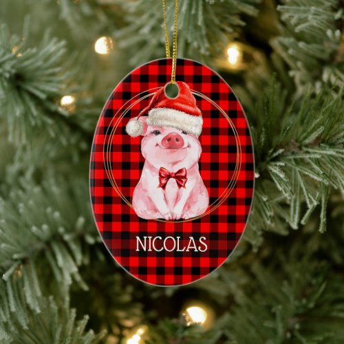 Cute Christmas Pig With Buffalo Plaid Red Funny Ceramic Ornament