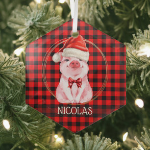 Cute Christmas Pig With Buffalo Plaid Red Funny Glass Ornament
