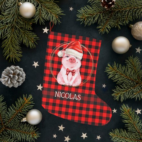 Cute Christmas Pig With Buffalo Plaid Red Funny Large Christmas Stocking