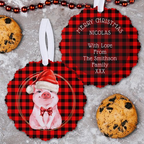 Cute Christmas Pig With Buffalo Plaid Red Funny Ornament Card