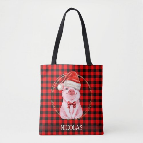    Cute Christmas Pig With Buffalo Plaid Red Funny Tote Bag