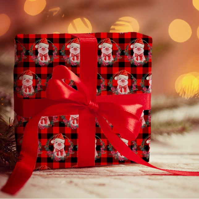 Cute Christmas Pig With Buffalo Plaid Red Funny Wrapping Paper (Creator Uploaded)
