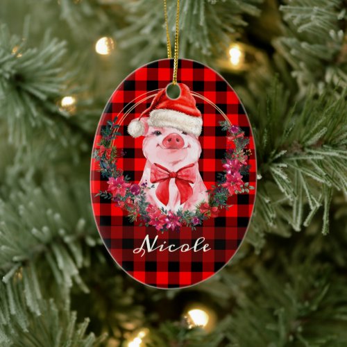 Cute Christmas Pig With Buffalo Plaid Red Rustic Ceramic Ornament