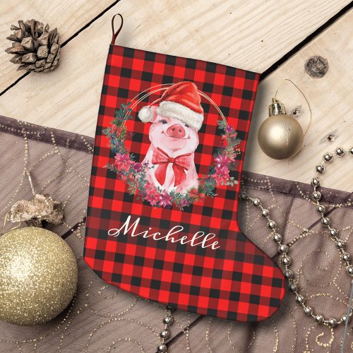 Cute Christmas Pig With Buffalo Plaid Red Rustic Large Christmas Stocking