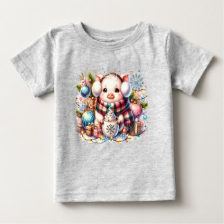 Cute Christmas Pig With Gifts and Hot Cocoa T-Shir Baby T-Shirt