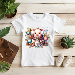 Cute Christmas Pig With Gifts and Hot Cocoa T-Shir Baby T-Shirt