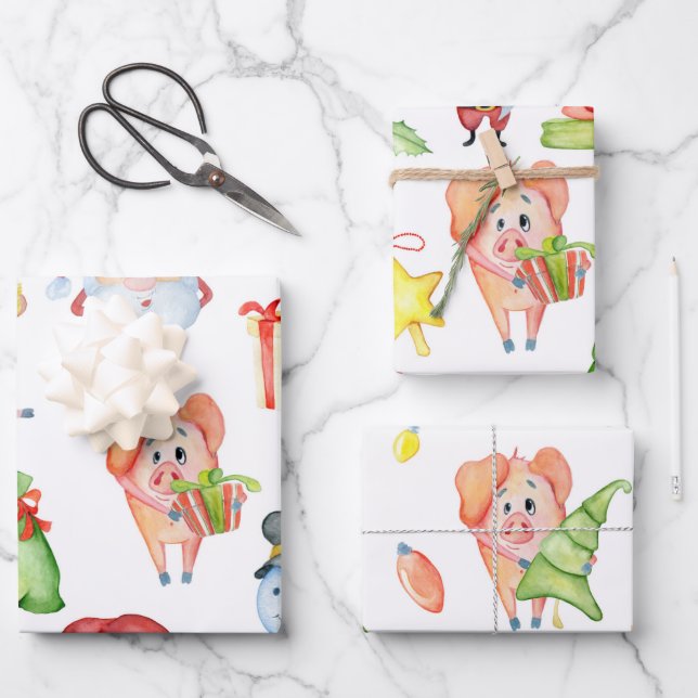 Cute Christmas Pigs Wrapping Paper Sheets (Front)