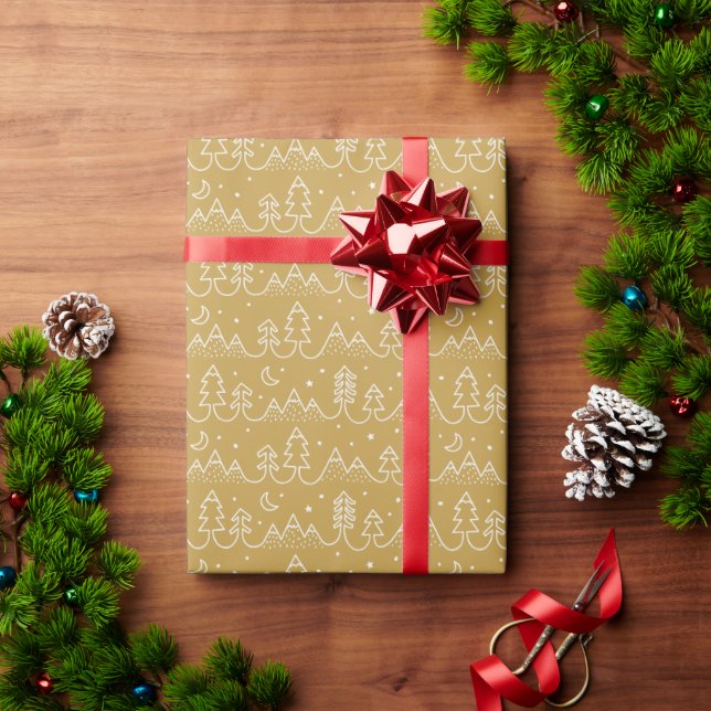 Cute Christmas Pine Trees and Mountains gold Wrapping Paper (Holiday Gift)