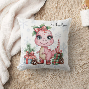 Cute Christmas Pink Dinosaur Baby Shower Gift Throw Pillow