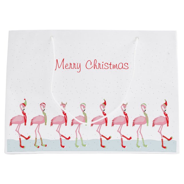Cute Christmas Pink Flamingo Large Gift Bag (Front)