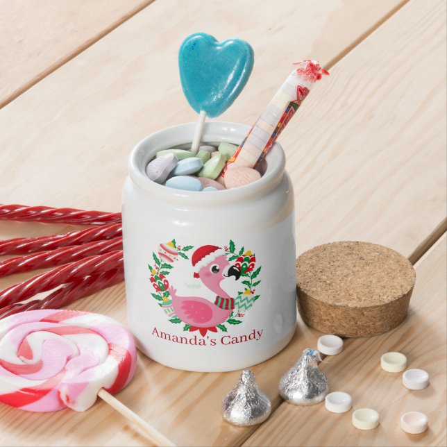 cute Christmas pink flamingo lovers add name Candy Jar (In Situ)