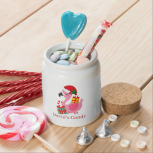 cute Christmas pink flamingo lovers add name Candy Jar