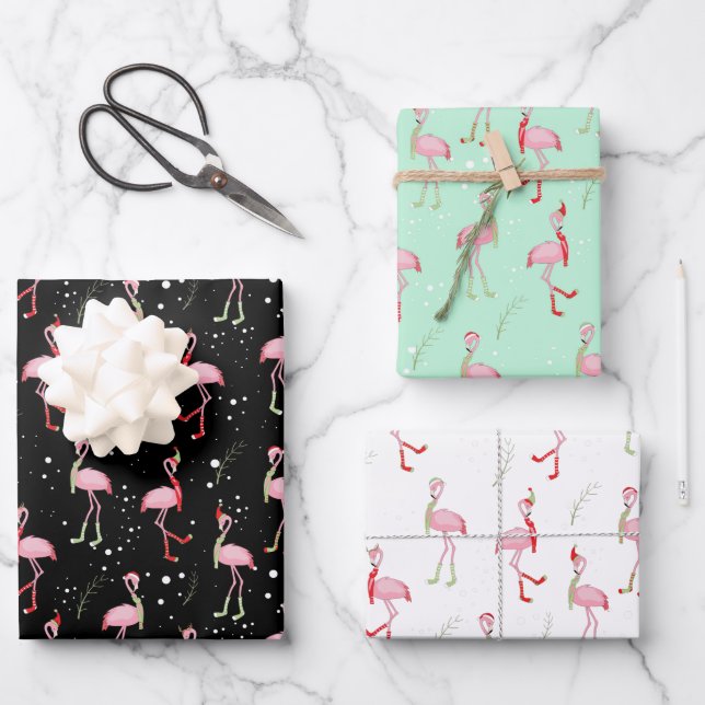 Cute Christmas pink flamingo pattern Wrapping Paper Sheets (Front)