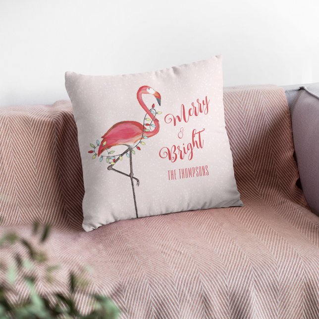 Cute Christmas Pink Flamingo Personalized Holiday  Throw Pillow (Cute pink flamingo Christmas throw pillow with personalized tropical holiday design.)